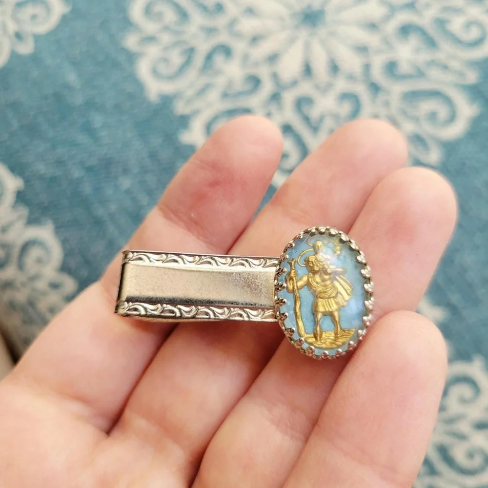 *RARE* Vintage Saint St Christopher Baby Blue, Gold, & Silver Oval Tie Clip